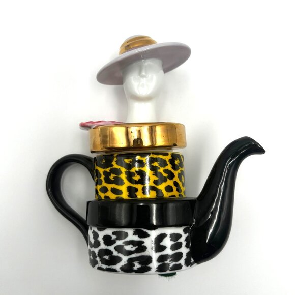 STUNNING Collectable MINIATURE Teapot | Leopard Print Hat Boxes, Fan, Vogue Lady - Picture 1 of 12